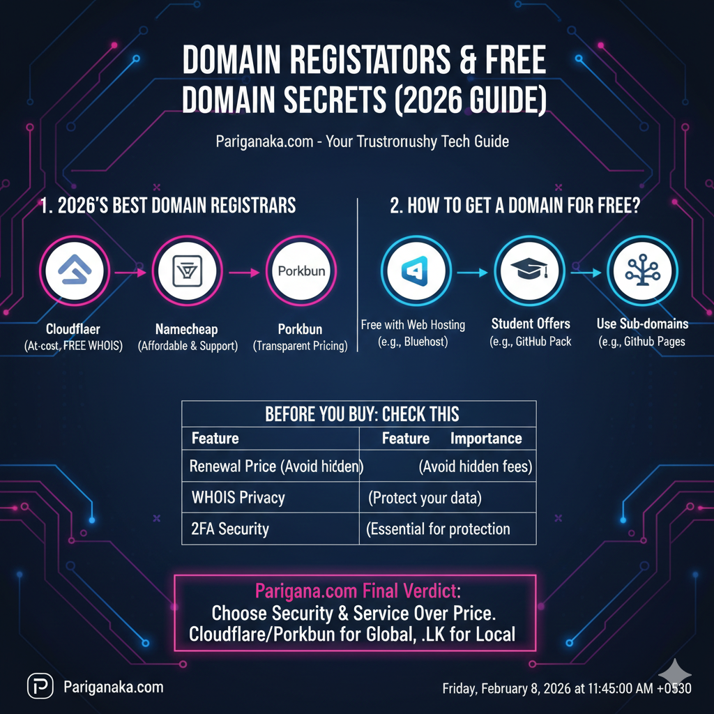 Domain Registrars සහ නොමිලේ Domain ලබාගන්නා රහස් (2026 මගපෙන්වීම)