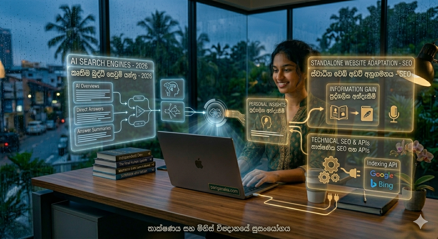 AI සෙවුම් යන්ත්ර (AI Search Engines) සහ සාම්ප්රදායික SEO: 2026 දී ස්වාධීන වෙබ් අඩවි හිමිකරුවන් අනාගතයට මුහුණ දෙන්නේ කෙසේද? 9 AI සෙවුම් යන්ත්ර (AI Search Engines) සහ සාම්ප්රදායික SEO: 2026 දී ස්වාධීන වෙබ් අඩවි හිමිකරුවන් අනාගතයට මුහුණ දෙන්නේ කෙසේද?